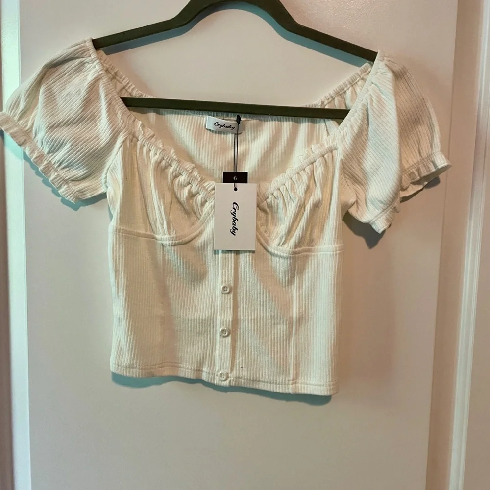 Crybaby Y2K Lolita Ribbed White Ribbed Button-Up Top - Picture 7 of 8